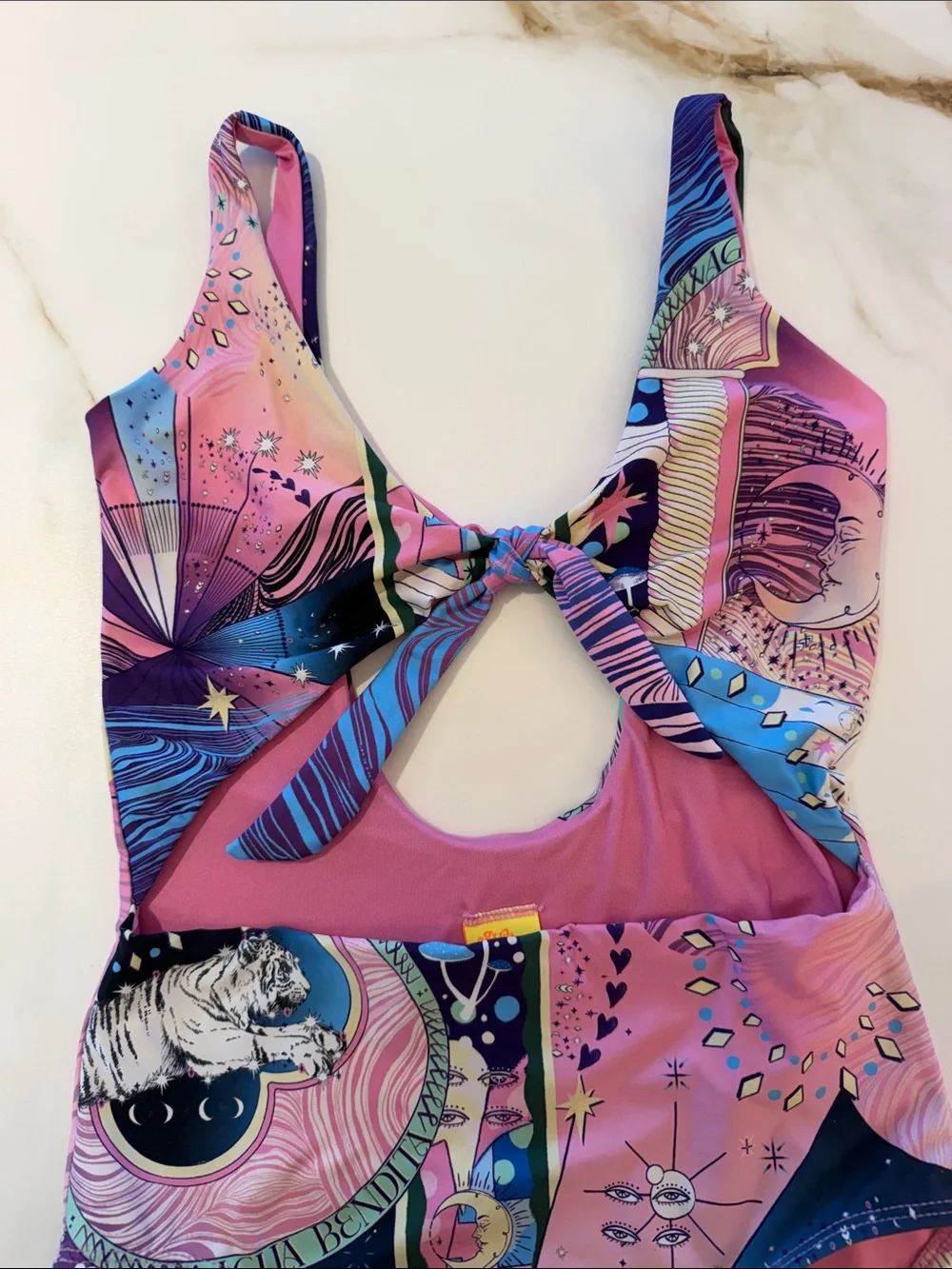 Agua Bendita Kids Pink Multicolor One-Piece Swimsuit with Galaxy Print- 14